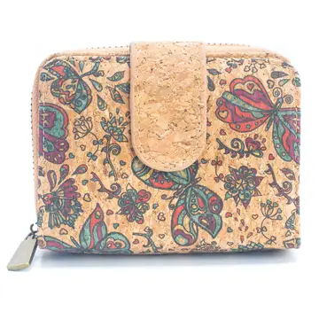 Kurze Kartenbrieftasche für Damen aus bedrucktem Naturkork 
