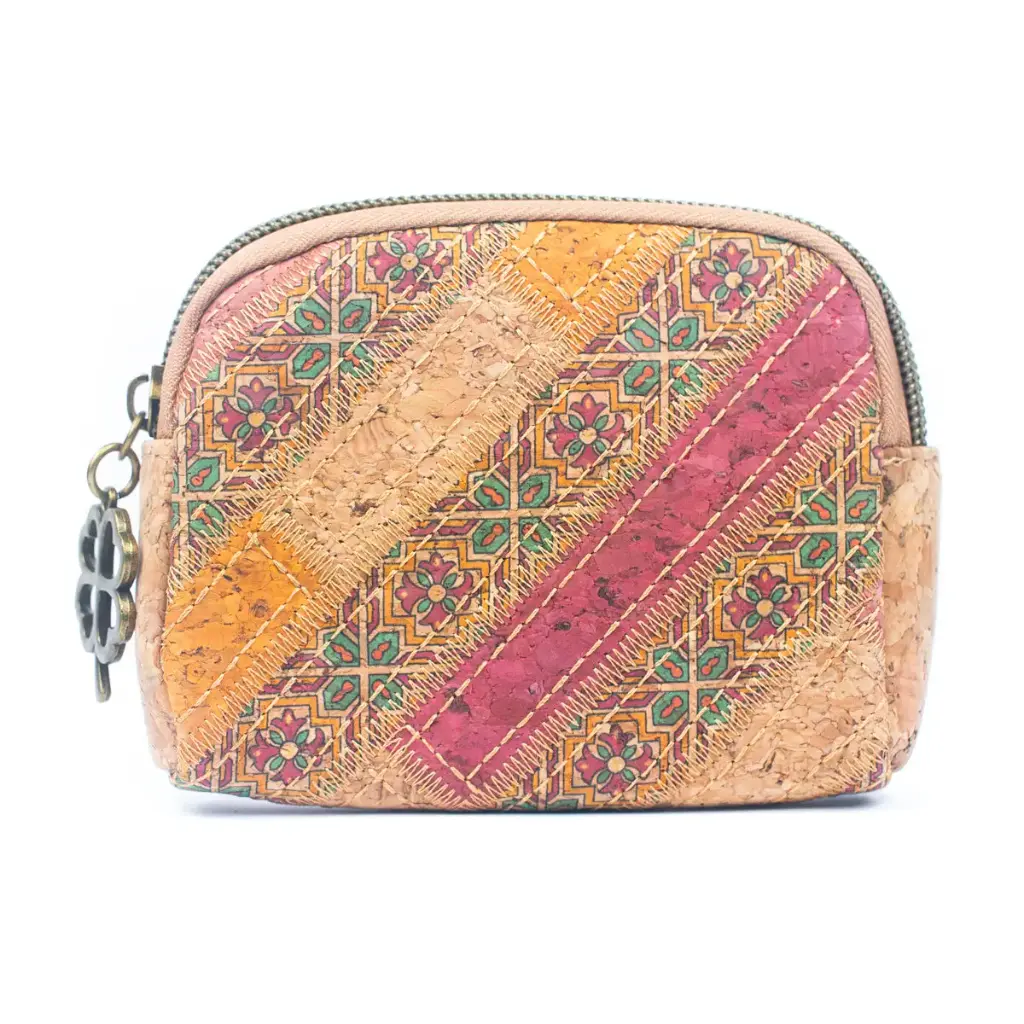 Damen-Münzgeldbörse aus Kork mit Patchwork-Print