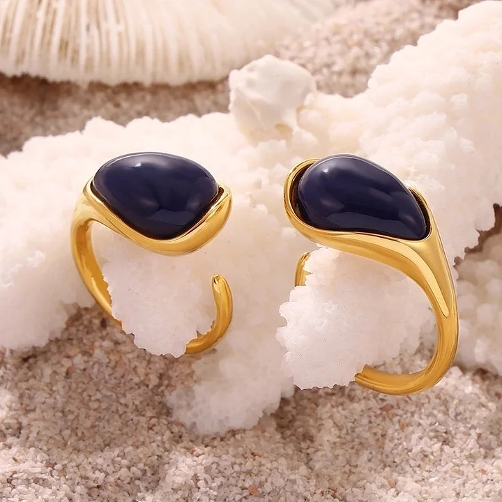 Eleganter Urlaub Wassertropfen Titan Stahl Harz 18K vergoldet offene Ring