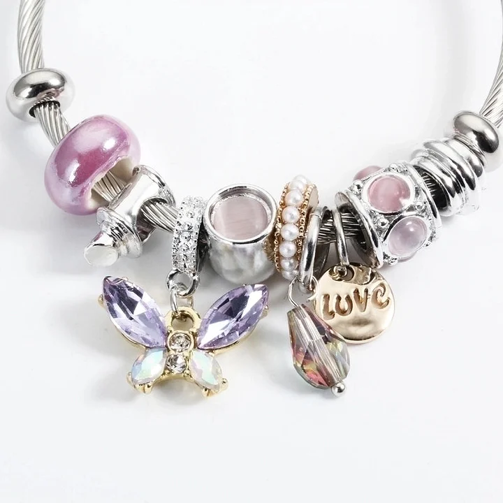 Sweet Love Butterfly Titanstahl-Plattierung Künstlicher Kristall Künstliche Perlen Armreif - Lila
