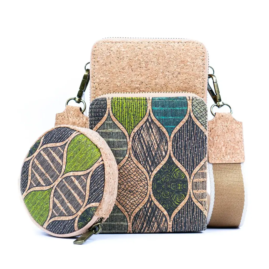 Pochette pour téléphone en liège naturel imprimé avec porte-monnaie et bandoulière | D 