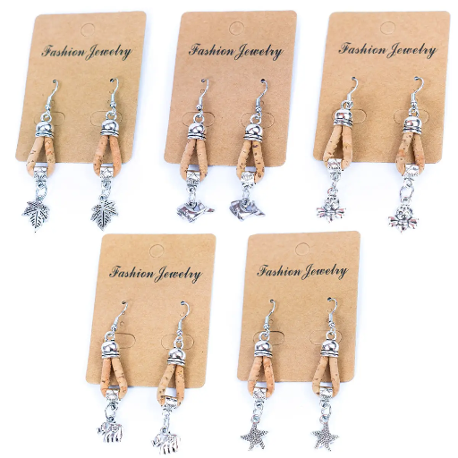 [ER-179-MIX-5] Kordel aus Naturkork und 5 Arten von Anhängern, handgefertigte Ohrringe